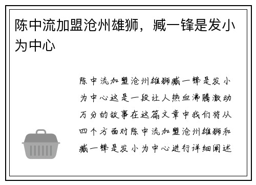 陈中流加盟沧州雄狮，臧一锋是发小为中心
